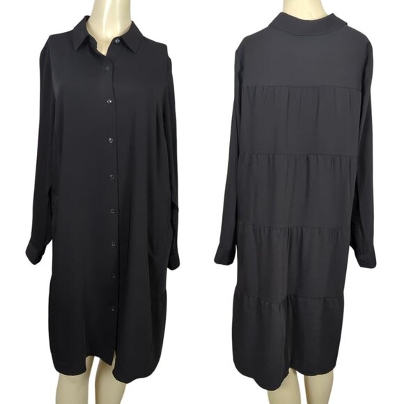 J. Jill Wearever Collection Black Shirt Dress M Button Front Ruffle Tiered Back - Picture 1 of 16